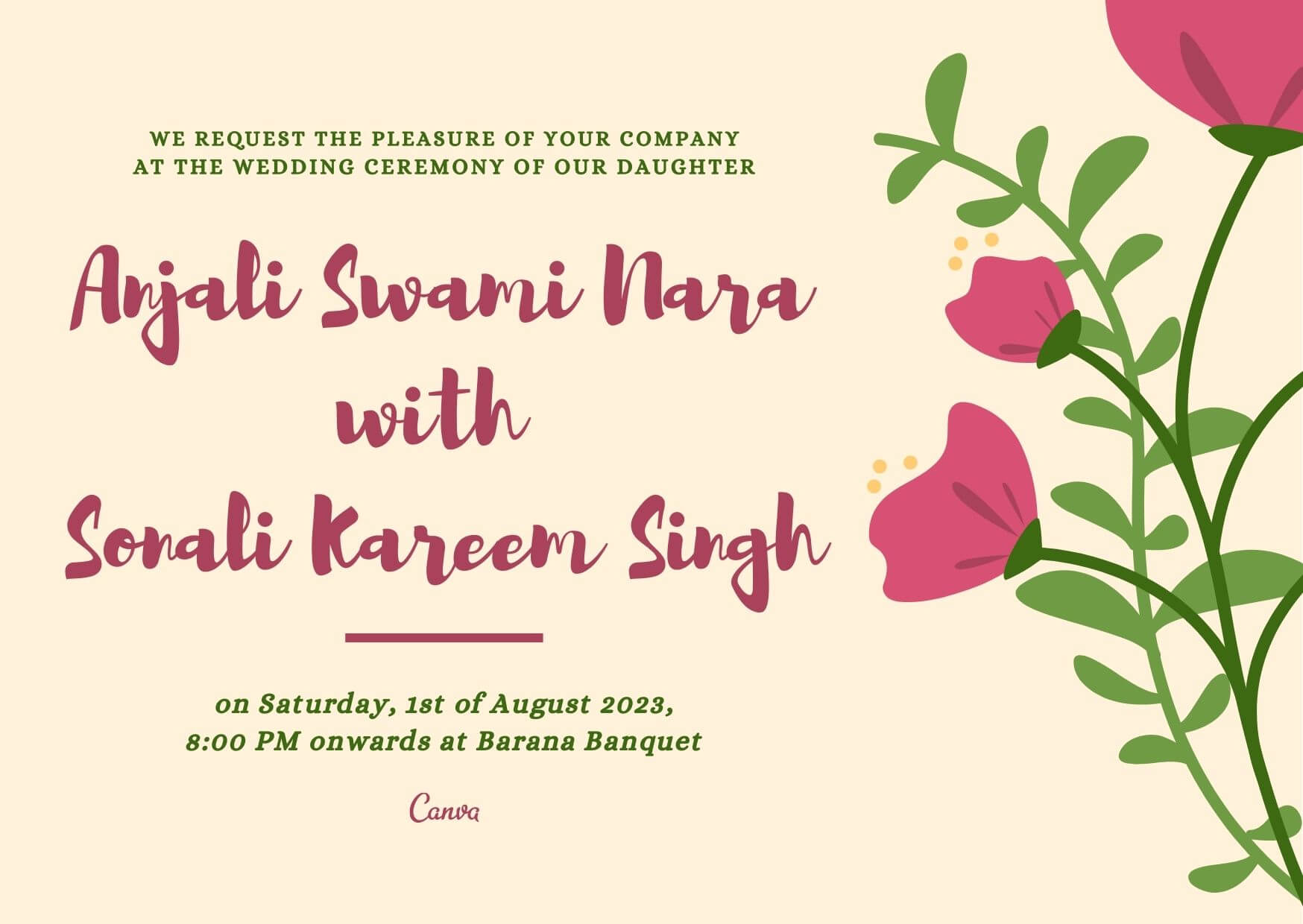 Anjali Swami Nara with Sonali Kareem Singh Marriage Invitation Format